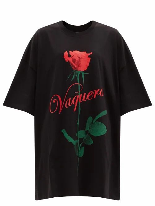Vaquera - Rose-print Cotton-jersey T-shirt Dress - Womens - Black