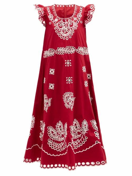 REDValentino - Cotton-blend Broderie Anglaise Midi Dress - Womens - Red White