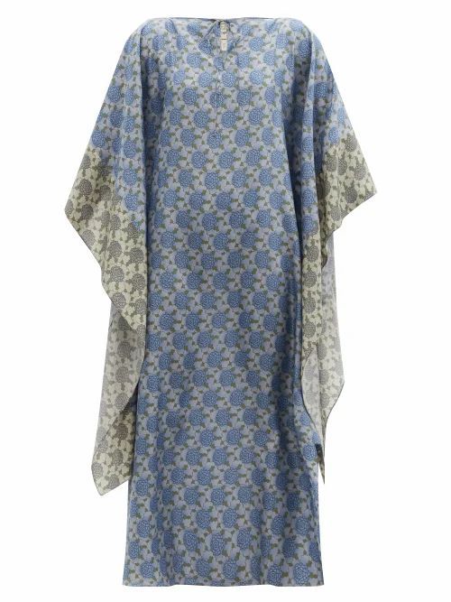 By Walid - Peony-print Silk-georgette Kaftan Dress - Womens - Blue Multi