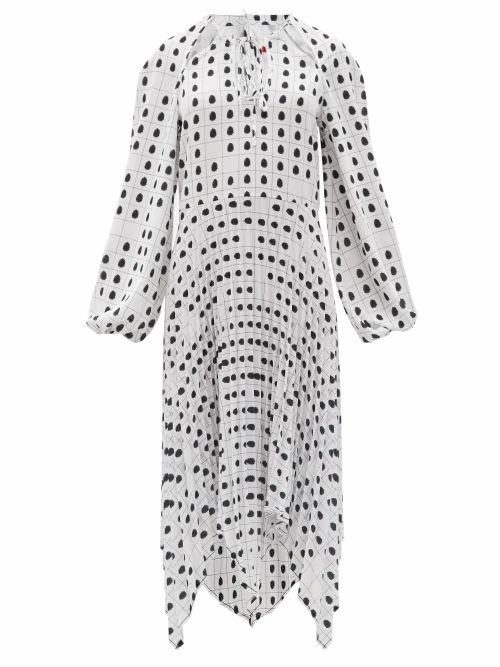 Tie-neck Fingerprint-print Crepe Midi Dress - Womens - White Black
