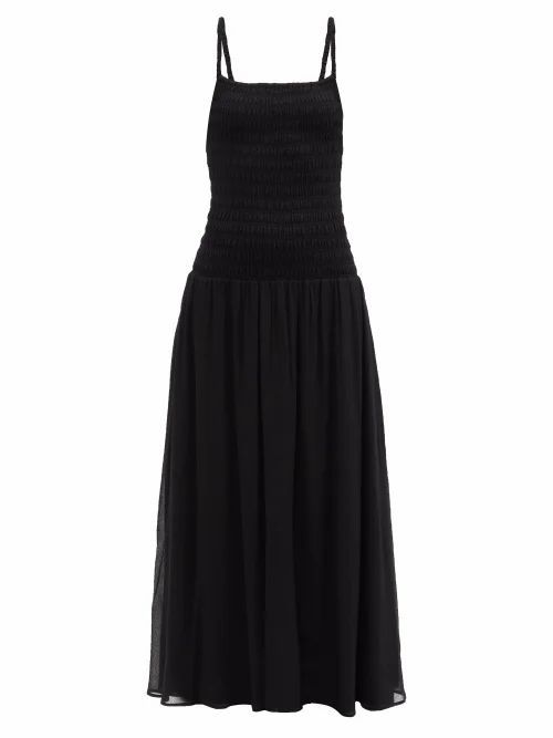 Smocked Crepe Midi Dress - Womens - Black