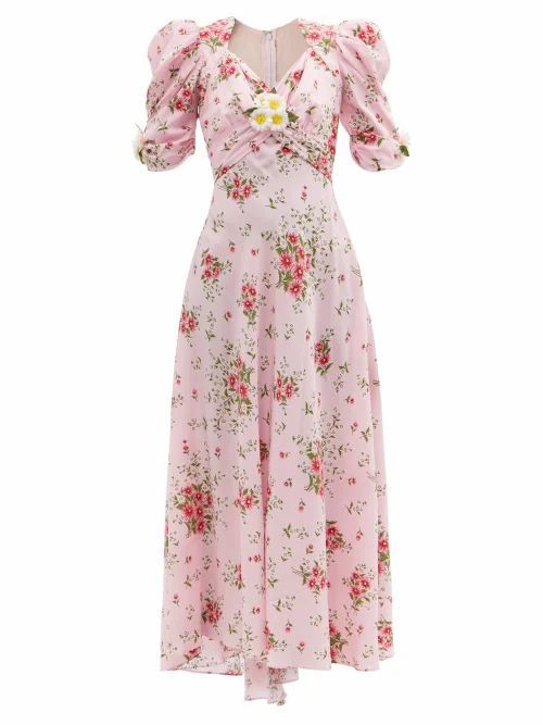 Rodarte - Puffed-sleeve Floral-print Silk-crepe Dress - Womens - Pink Print