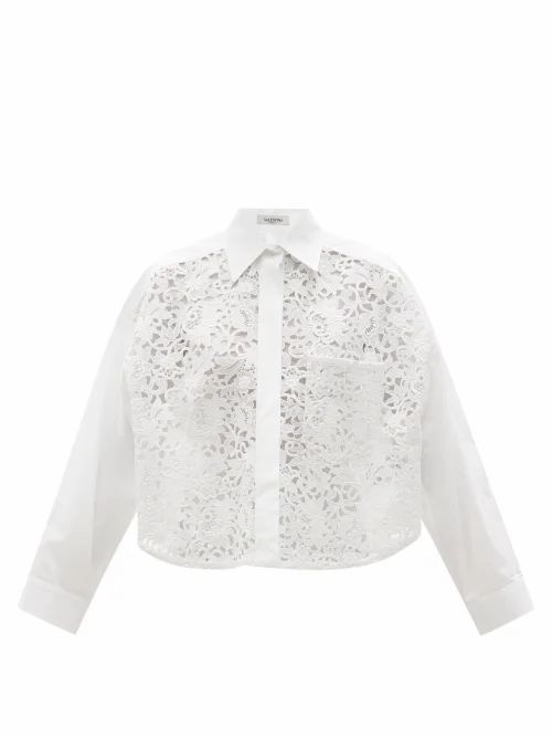 Macramé-panel Cotton-blend Cropped Shirt - Womens - White