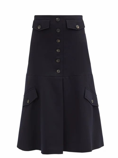 High-rise Wool-twill Midi Skirt - Womens - Navy