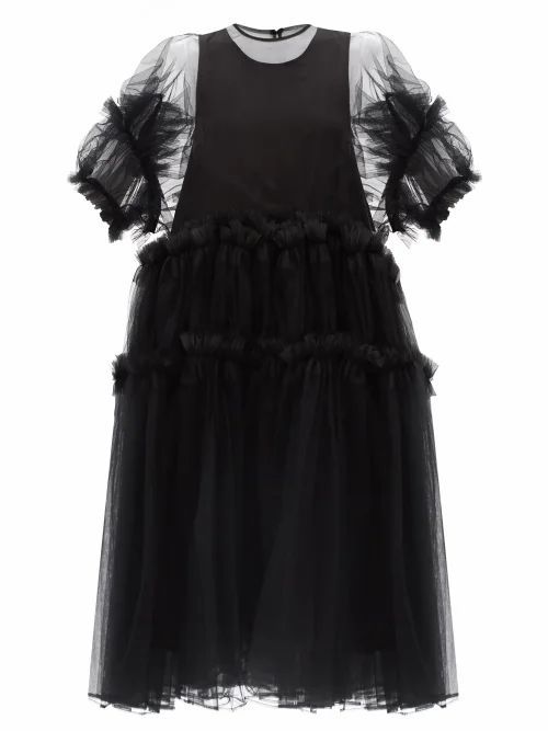 Frilled Mesh And Tulle-organza Dress - Womens - Black