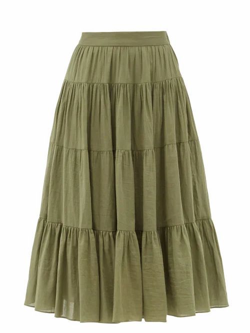 Loup Charmant - Fontelli Tiered Organic-cotton Midi Skirt - Womens - Green