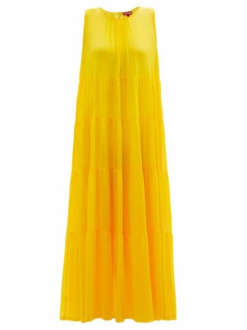 Staud - Benedetta Tiered Mesh-jersey Maxi Dress - Womens - Yellow