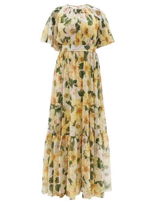 Camellia-print Gathered Silk-georgette Gown - Womens - Yellow Print