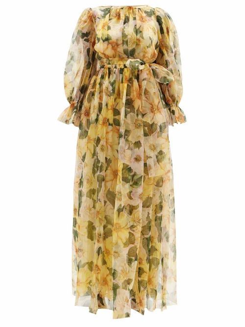 Camellia-print Gathered Silk-organza Gown - Womens - Yellow Multi