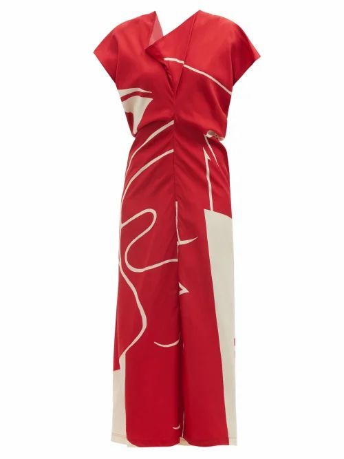 Draped-neck Printed Satin Midi Dress - Womens - Red Multi