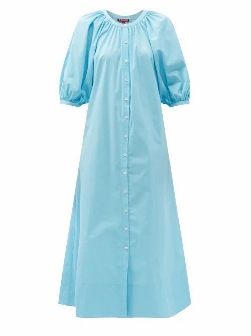 Staud - Vincent Puff-sleeve Cotton-blend Midi Dress - Womens - Blue