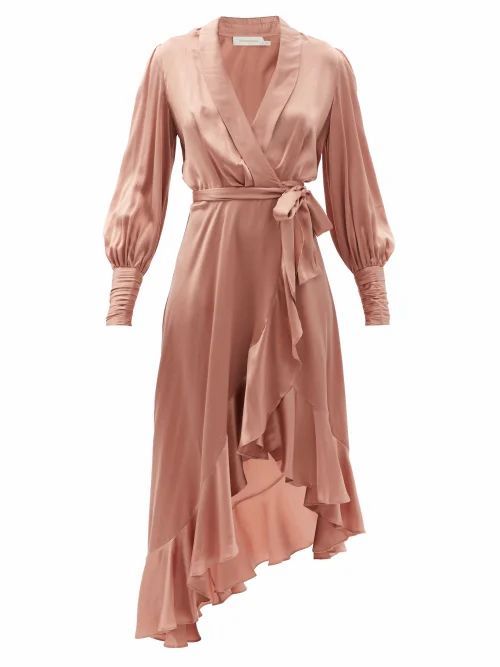 Zimmermann - Bishop-sleeve Silk Wrap Midi Dress - Womens - Light Pink
