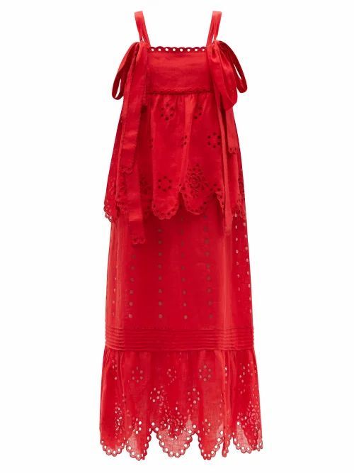 Colette Tiered Broderie-anglaise Linen Dress - Womens - Red