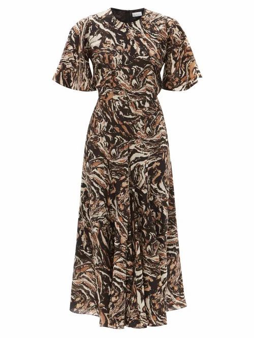 Godet-pleat Short-sleeve Silk Dress - Womens - Leopard