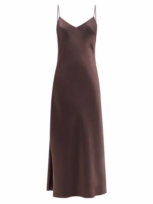 V-neck Satin Midi Slip Dress - Womens - Dark Brown