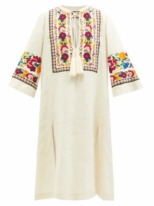 Floral-embroidered Organic-linen Kaftan - Womens - White Multi