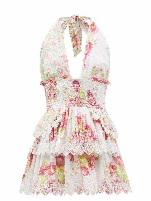 Deanna Halterneck Floral-print Cotton Mini Dress - Womens - Pink Multi
