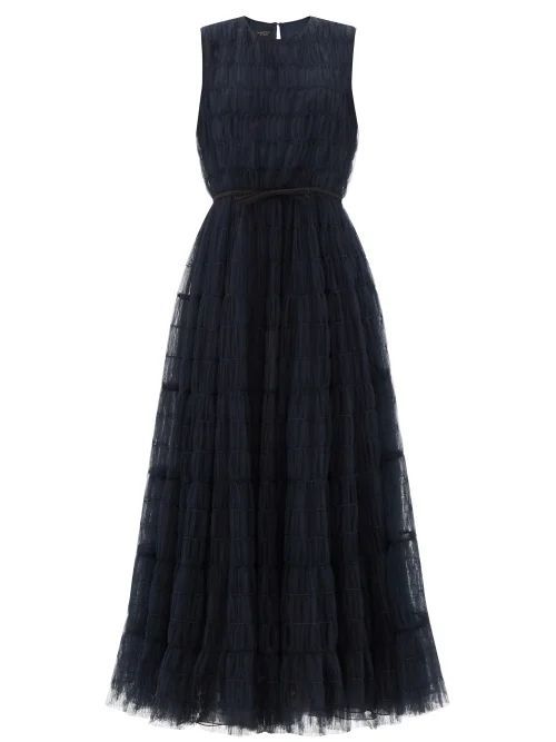 Shirred Tulle And Silk-crepe Gown - Womens - Dark Blue