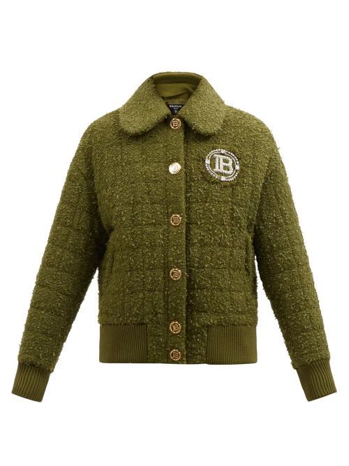 Crystal-logo Cotton-blend Quilted-tweed Jacket - Womens - Khaki