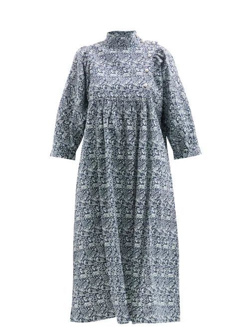 X Laura Ashley Smock Floral-print Cotton Dress - Womens - Blue Multi