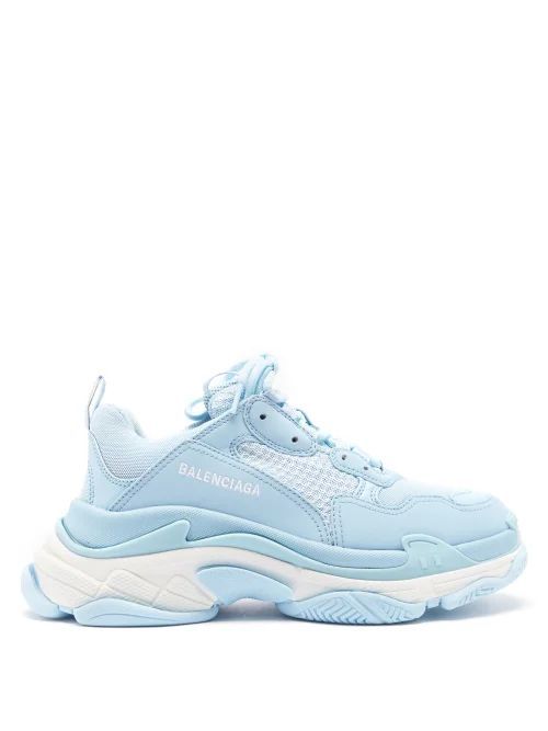 Triple S Faux-leather Trainers - Womens - Light Blue