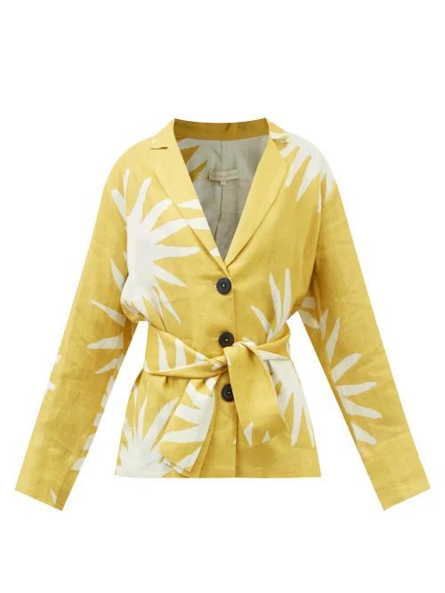 Belen Starburst-print Belted Linen Blouse - Womens - Yellow White