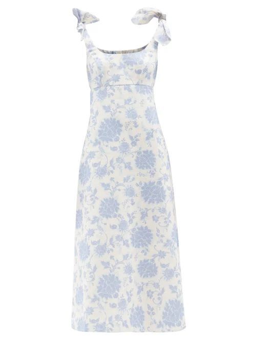 Postcard Tie-shoulder Printed-linen Dress - Womens - Blue Print