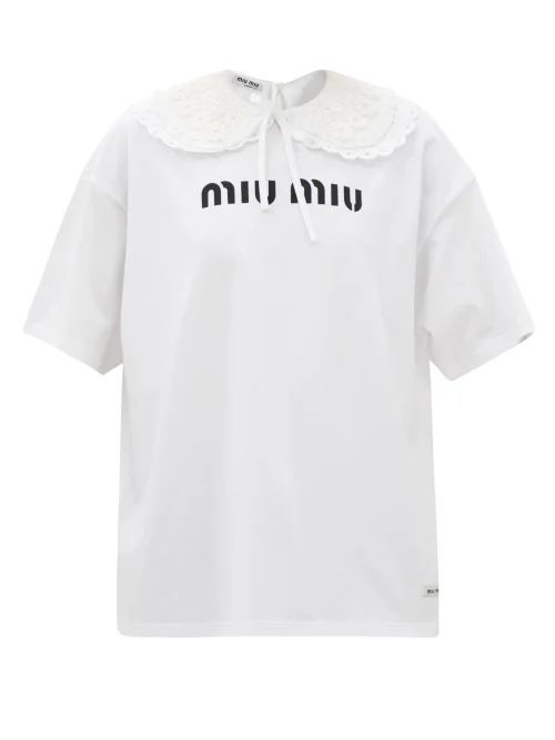 Lace-collar Logo-print Cotton-jersey T-shirt - Womens - White