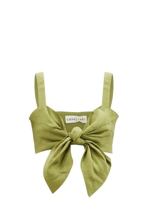 Cala Tie-front Organic-linen Cropped Top - Womens - Green