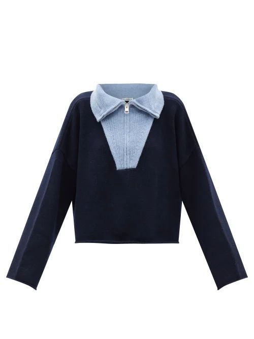 Colour-block Zip-neck Sweater - Womens - Blue Multi