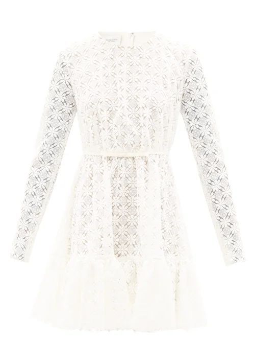 Gathered-hem Macramé-lace Mini Dress - Womens - Ivory