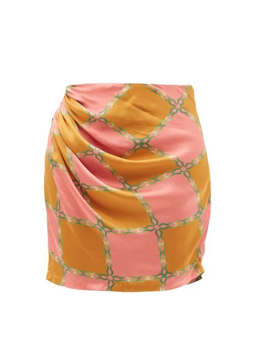 Check-print Gathered Silk-faille Mini Skirt - Womens - Orange Multi