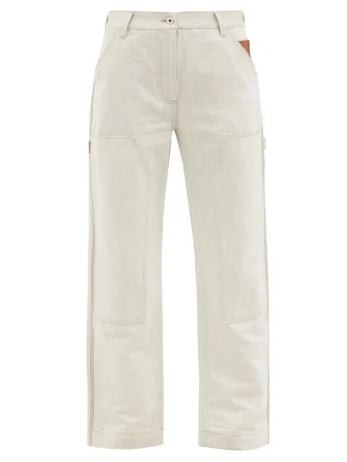Leather-trim Cotton-blend Twill Trousers - Womens - White