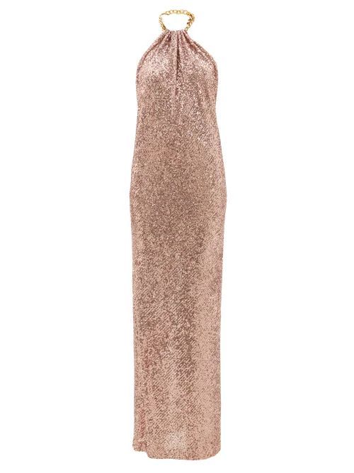 Chain-embellished Sequinned Gown - Womens - Pink