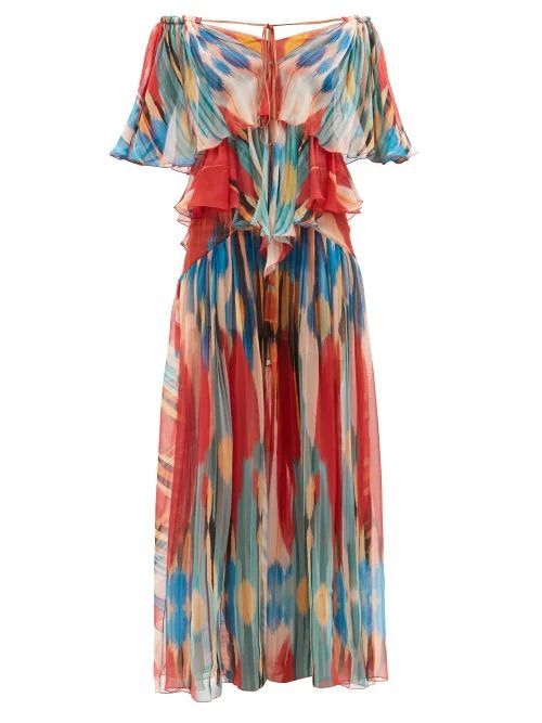 Off-the-shoulder Tie-dye Silk-crepe Gown - Womens - Red Print