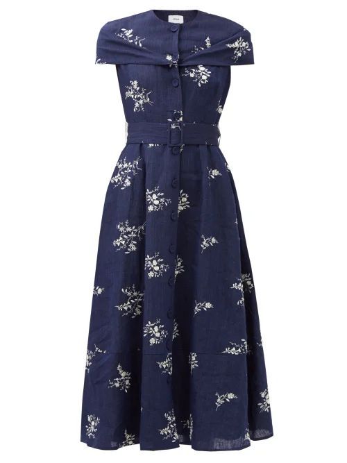 Clarisia Embroidered Linen-blend Chambray Dress - Womens - Navy