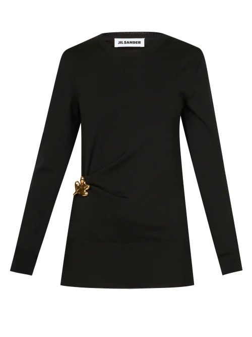 Leaf-brooch Draped-wool Sweater - Womens - Black