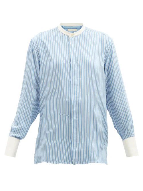 Band-collar Striped-twill Shirt - Womens - Blue