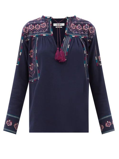 Treya Embroidered-cotton Blouse - Womens - Navy Multi