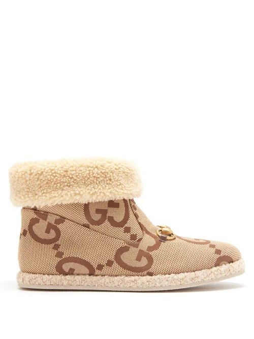 Merino-lined Gg-canvas Boots - Womens - Camel