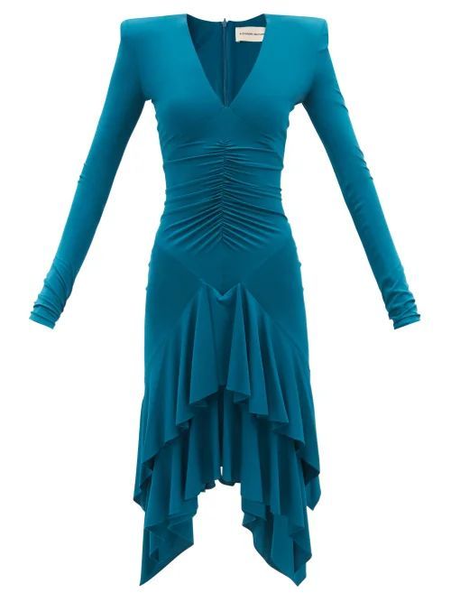 Gathered Padded-shoulder Jersey Dress - Womens - Dark Blue