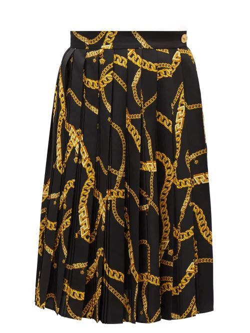 Chain-print Pleated Silk-twill Skirt - Womens - Black Yellow