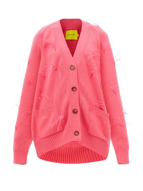 Oversized Feather-trimmed Merino Cardigan - Womens - Pink