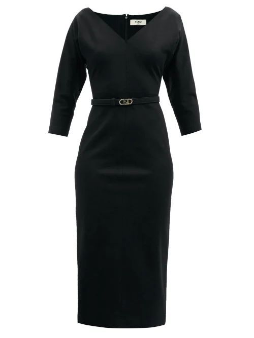 Belted V-neck Wool-blend Midi Dress - Womens - Black