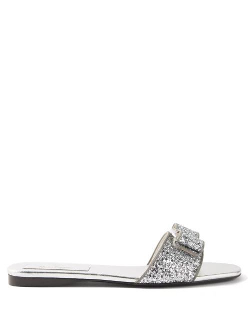 Vicky Glitter-finished Leather Slides - Womens - Silver