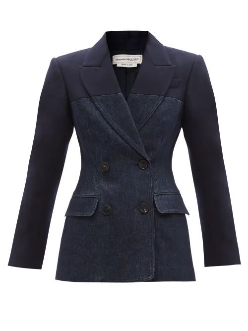 Double-breasted Denim-panelled Jacket - Womens - Navy