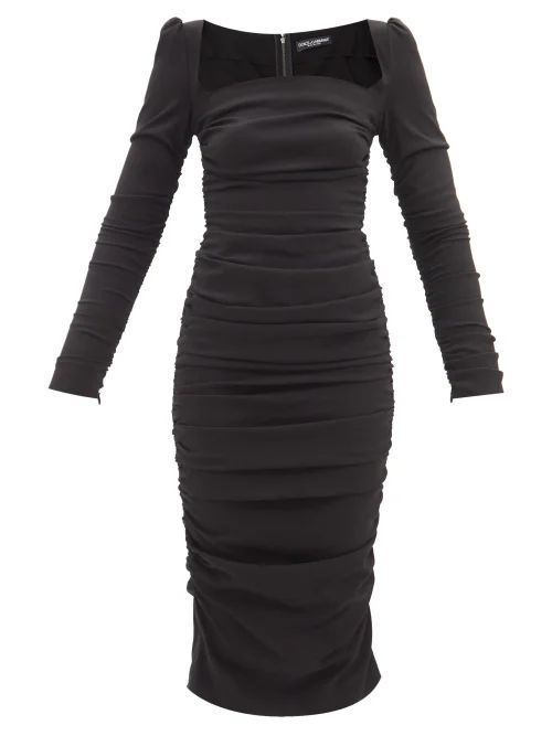 Square-neck Ruched Crepe Midi Dress - Womens - Black