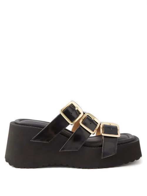 Buckled Leather Wedge Sandals - Womens - Black