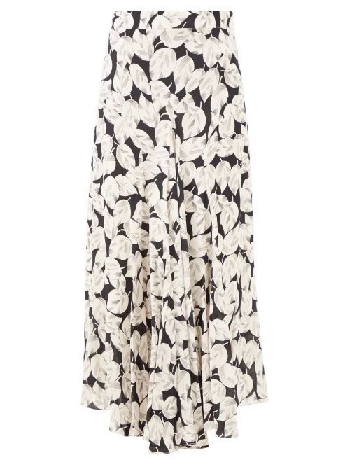 Godet-pleat Falling Leaves Print Silk Skirt - Womens - Ivory Multi
