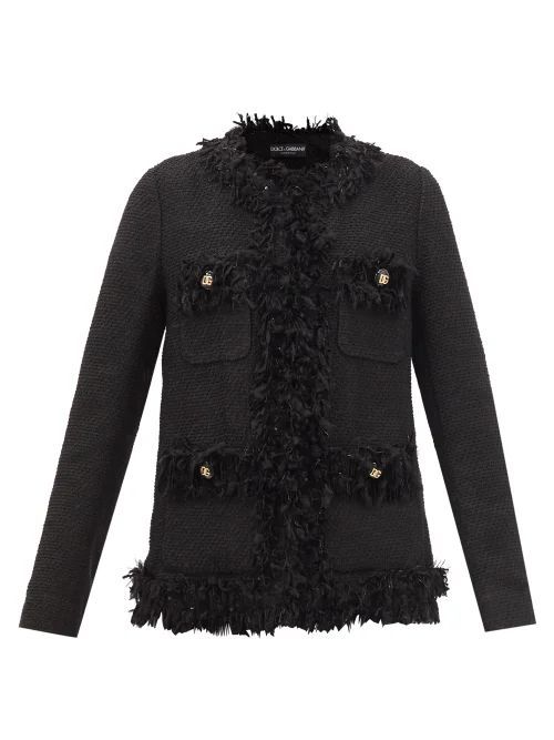 Collarless Bouclé-tweed Jacket - Womens - Black